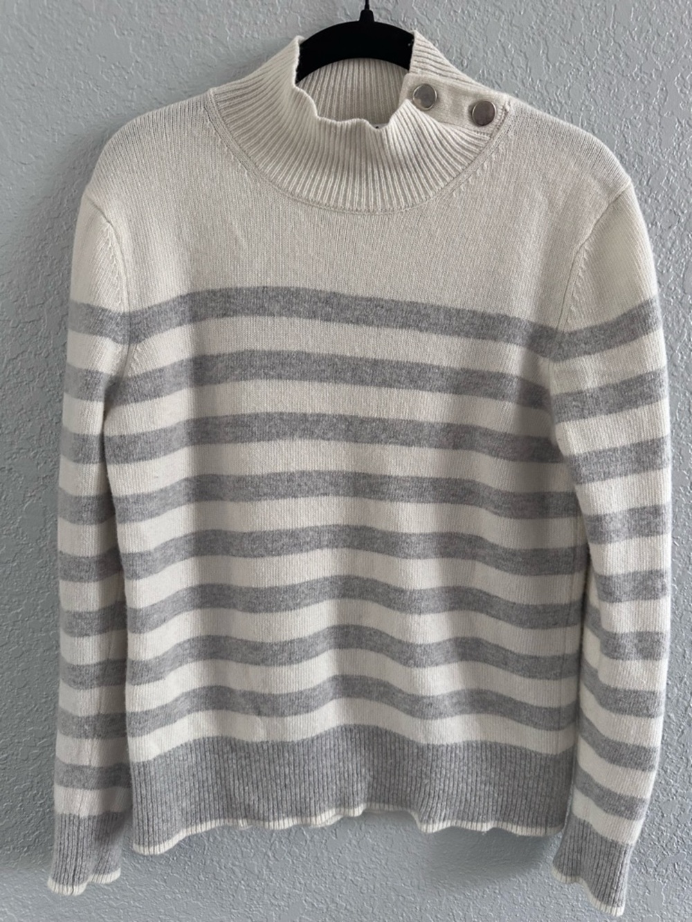 Magaschoni Cashmere Blend Striped Sweater Mock Neck Button Shoulder Size M